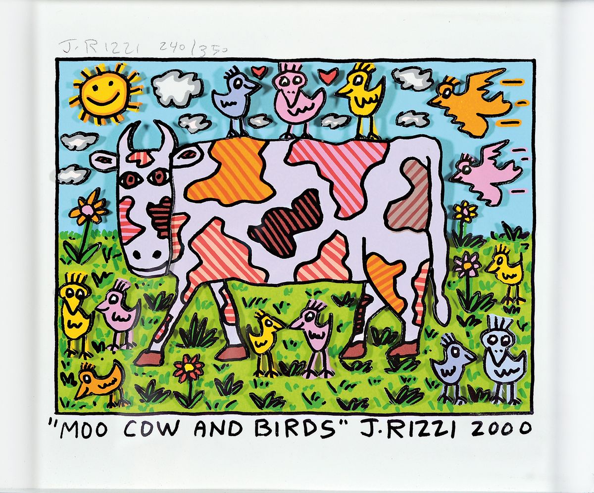 James Rizzi, 1950-2011, "MOO Cow and Birds", handsign., num. 240/350,dat. 2000, unter Glas, gesamt ca. 24x28 cm, R. l. beschädigt