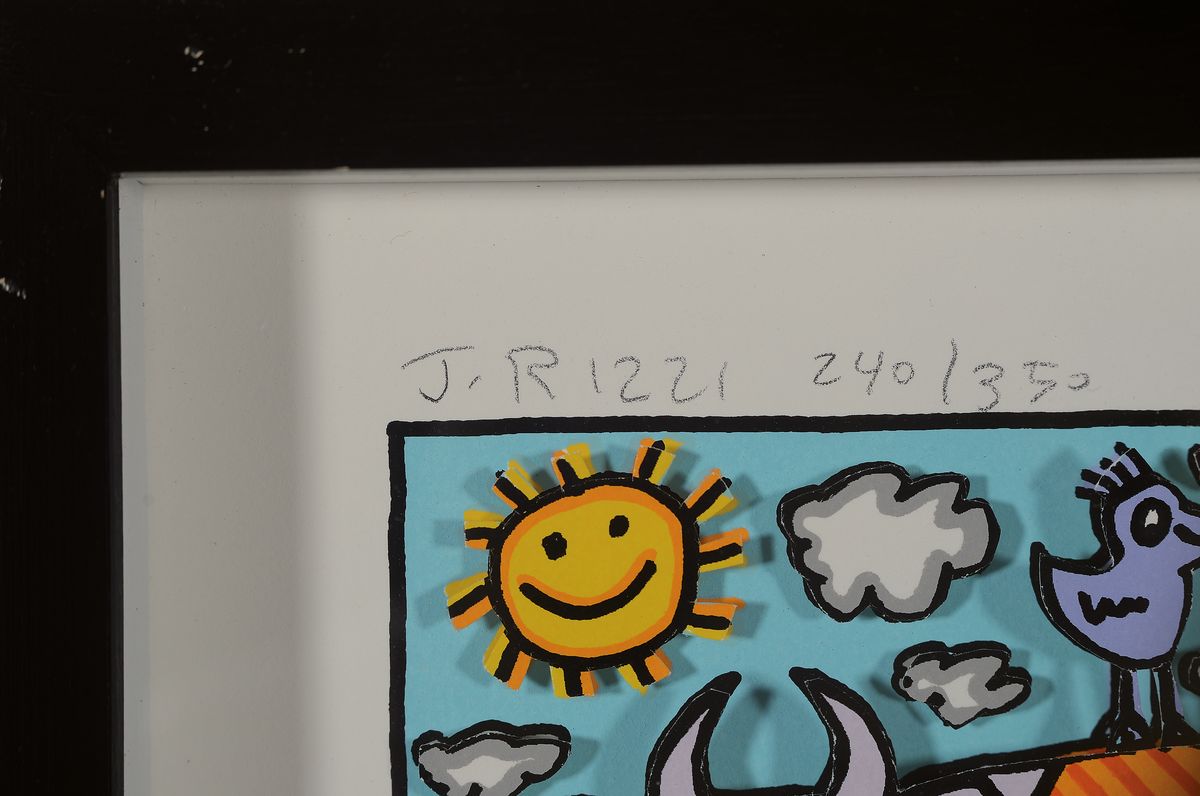 Detail a: James Rizzi, 1950-2011, "MOO Cow and Birds", handsign., num. 240/350,dat. 2000, unter Glas, gesamt ca. 24x28 cm, R. l. beschädigt