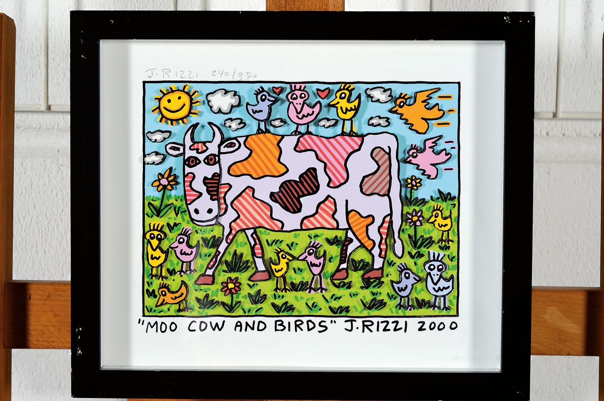 Detail k: James Rizzi, 1950-2011, "MOO Cow and Birds", handsign., num. 240/350,dat. 2000, unter Glas, gesamt ca. 24x28 cm, R. l. beschädigt