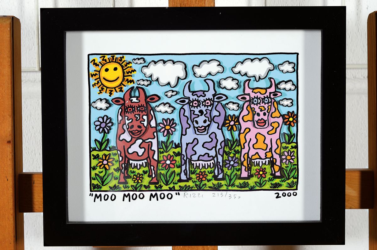 Detail k: James Rizzi, 1950-2011, "MOO MOO MOO", handsign., num. 213/350,3D-Konstruktion, dat.2000, unter Glas, gesamt ca. 25,5x32 cm, R. ...