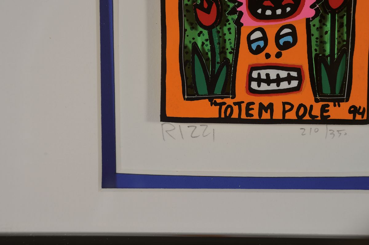 Detail a: James Rizzi, 1950-2011, "Totem Pole", handsign., num. 210/350, dat. 94, unter Glas gerahmt, gesamt ca. 30x24 cm