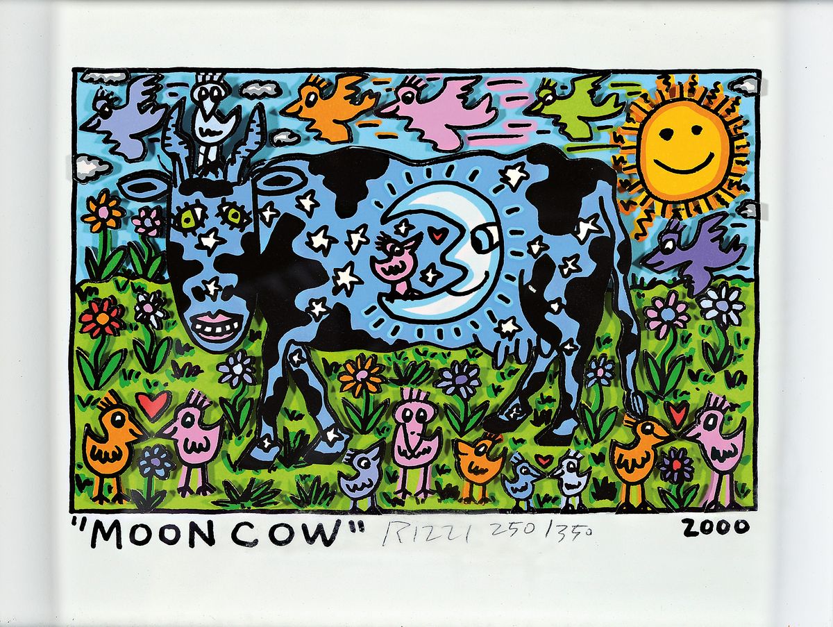 James Rizzi, 1950-2011, "Moon Cow", handsign., num. 250/350, dat. 2000, unter Glas, gesamt ca. 25x31 cm
