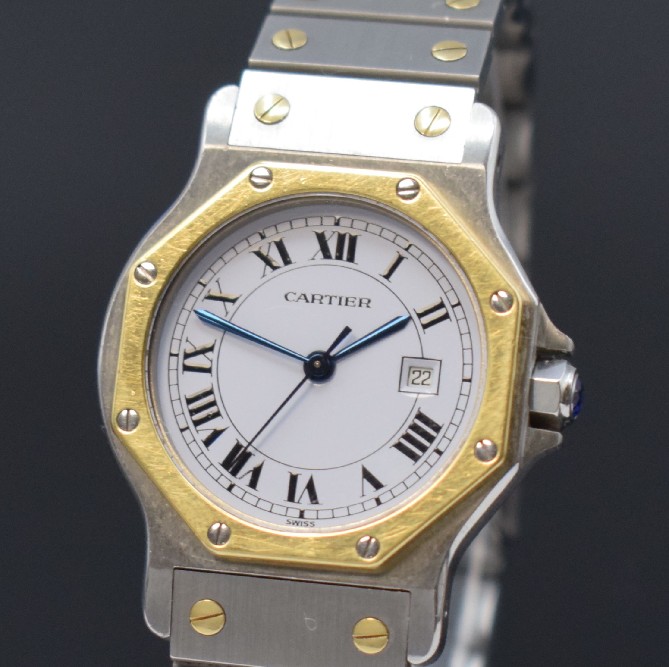 Detail a: CARTIER Santos Armbanduhr in Stahl/Gold, Schweiz um 1995, Automatik, 8-fach verschr. Monocoque-Geh., 8-eckige Lünette (Goldhaube), orig. Gliederband ...