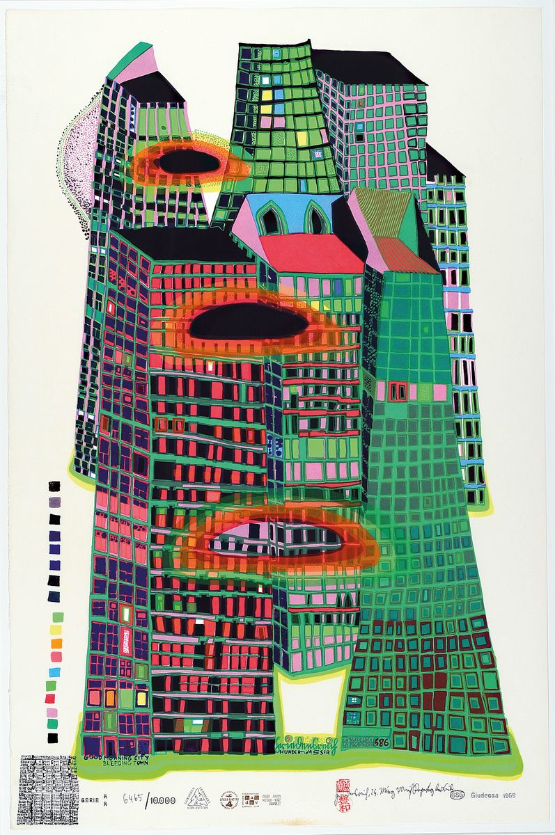 Friedensreich Hundertwasser, 1928-2000, Farbsiebdruck mit Metallprägung auf Karton Fabriano, (mit Trockenstempel), handsigniert, datiert und ...