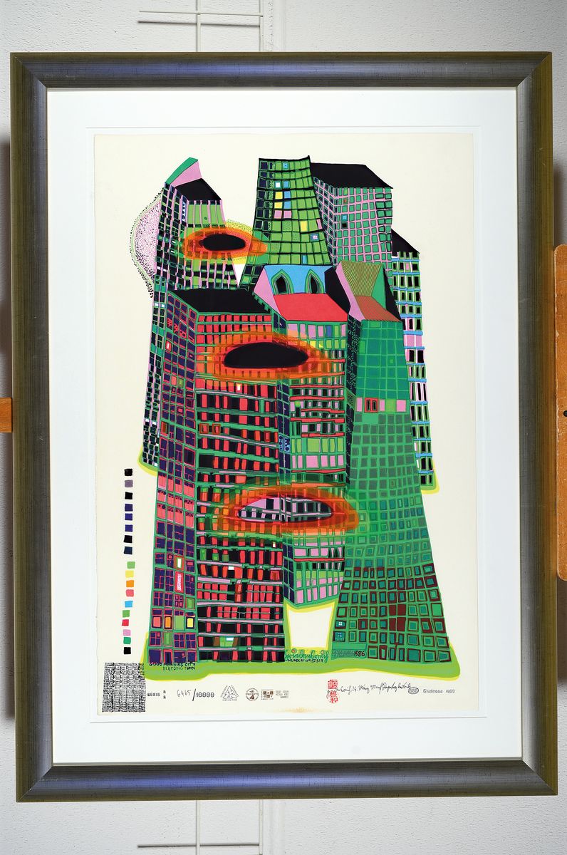 Detail k: Friedensreich Hundertwasser, 1928-2000, Farbsiebdruck mit Metallprägung auf Karton Fabriano, (mit Trockenstempel), handsigniert, datiert und ...