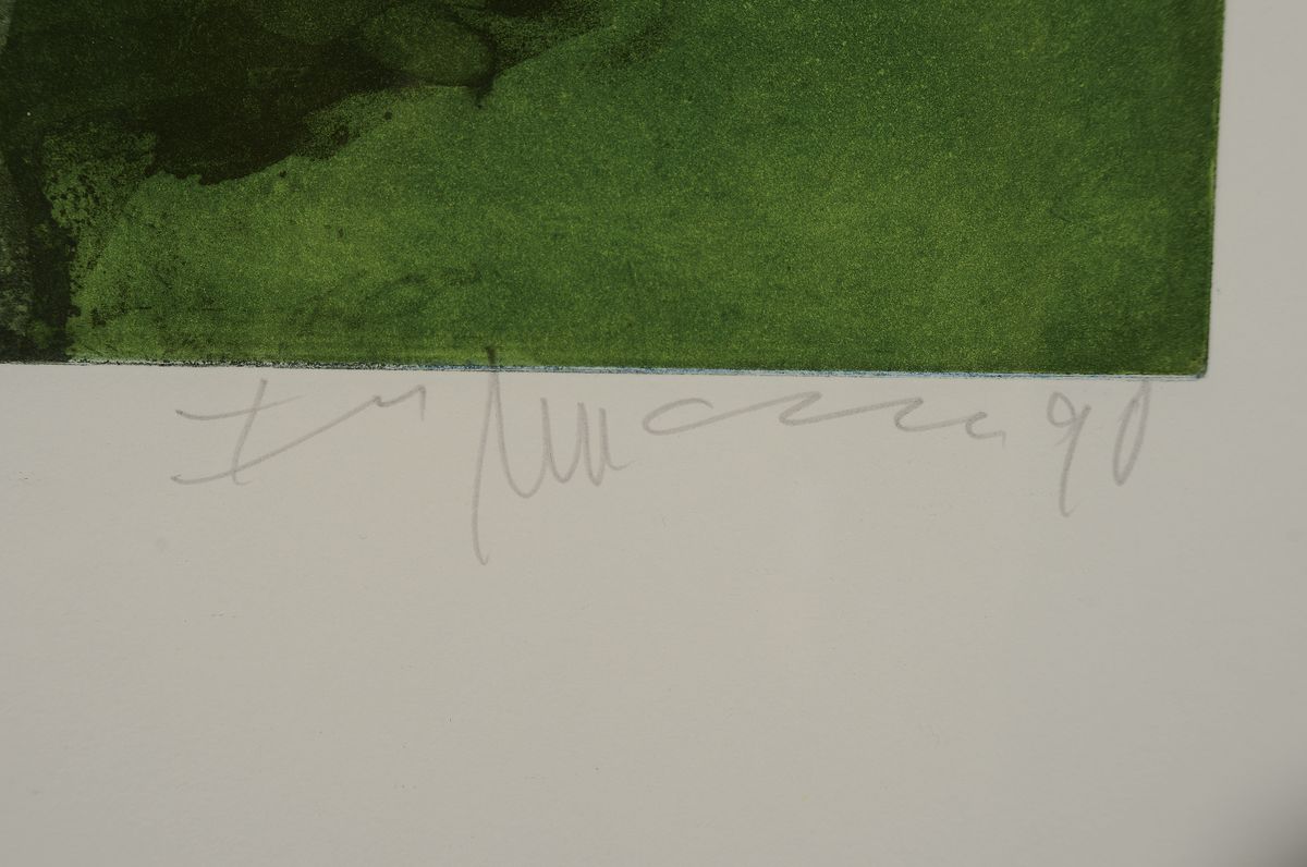 Detail a: Klaus Fußmann, geb. 1938, Farbaquatintaradierung auf kräftigem Velin, handsigniert, num. 7/95, datiert 19(90), großes farbfrisches Blatt mit ...