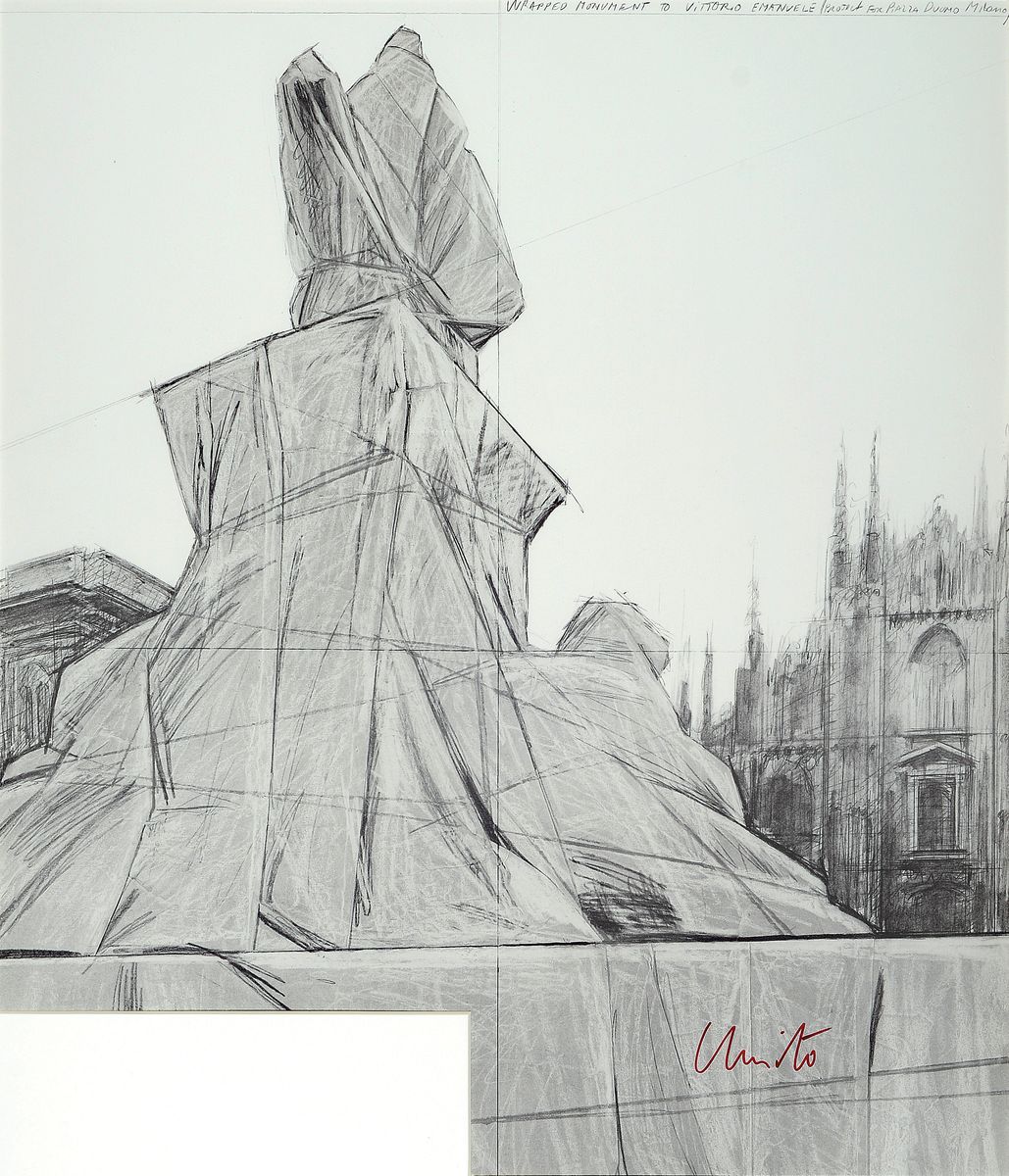 Christo, 1935-2020, Offsetdruck auf dünnem Karton, "Wrapped Monument", 1975, handsigniert, Blatt 71x56 cm, unter Glas gerahmt 83x63 cm