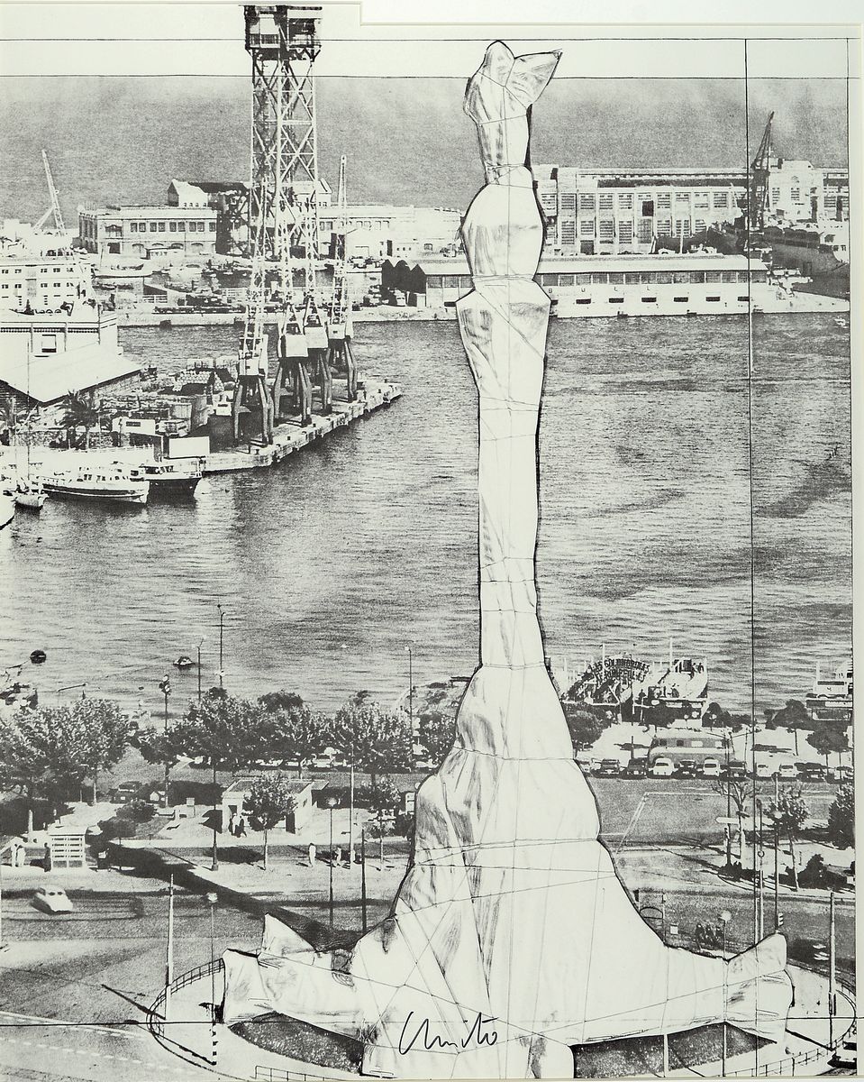 Christo, 1935-2000, Offsetdruck auf Papier, "Wrapped Monument to Cristobal Colon, Project for Barcelona", 1977, handsigniert, Blatt 76x56 ...