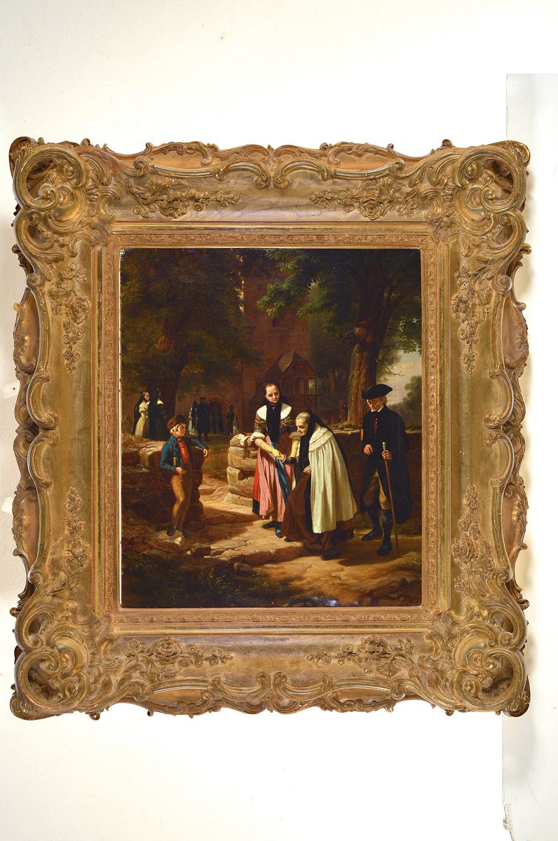 Detail k: Zuschreibung: Reinhard Sebastian Zimmermann, 1815 Hagnau am Bodensee-1893 München, Begegnung vor der Kirche, junge Frau begleitet eine alte Frau in ...