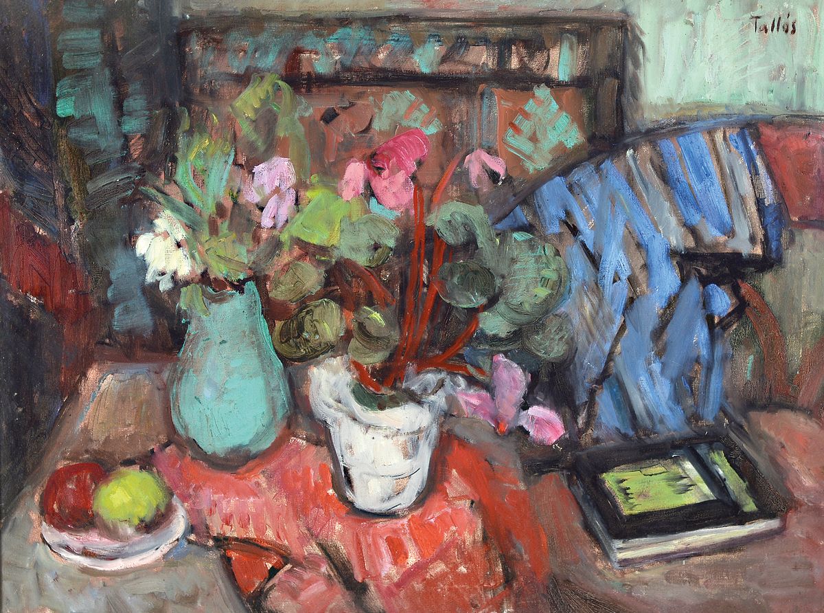 Ilona Tallos, 1918-1991, Stillleben mit Obst, Blumentopf und Buch, Öl/Lwd, rechts oben sign. Tallos, ca. 60x80cm, R. ca. 78x98cm