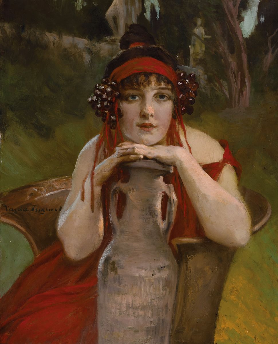 Zsigmund Vajda, 1860-1931 Ungarn, Porträt einer jungen Frau, auf eine Amphore gestützt blickt sie den Betrachter direkt an, Öl/Lwd, seitlich links ...