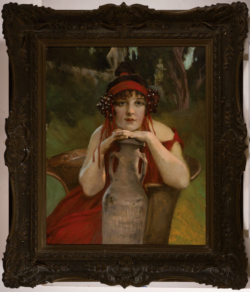 Detail k: Zsigmund Vajda, 1860-1931 Ungarn, Porträt einer jungen Frau, auf eine Amphore gestützt blickt sie den Betrachter direkt an, Öl/Lwd, seitlich links ...