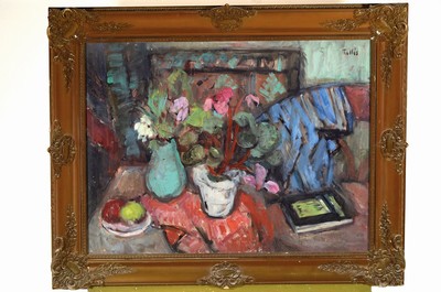 26627981k - Ilona Tallos, 1918-1991, still life with fruit, flowerpot and book, oil/canvas, signed top right. Tallos, approx. 60x80cm, frame approx. 78x98cm