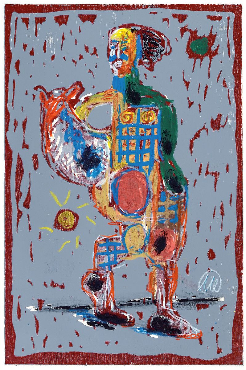 Markus Lüpertz, geb. 1941, Öl/Holzschnitt auf kräftigen Velin, Unikat aufgrund Handübermalung, monogrammiert, 1995, 77 x 50 cm, rückseitig ...