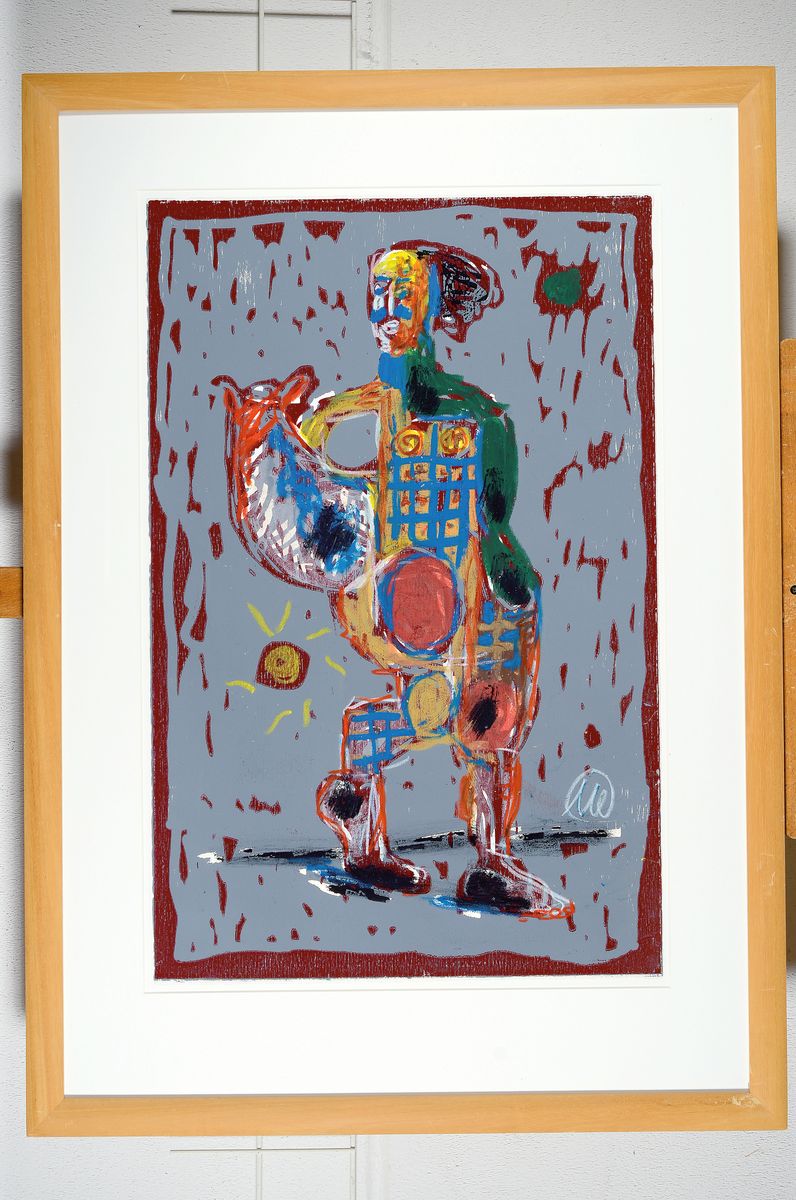 Detail k: Markus Lüpertz, geb. 1941, Öl/Holzschnitt auf kräftigen Velin, Unikat aufgrund Handübermalung, monogrammiert, 1995, 77 x 50 cm, rückseitig ...