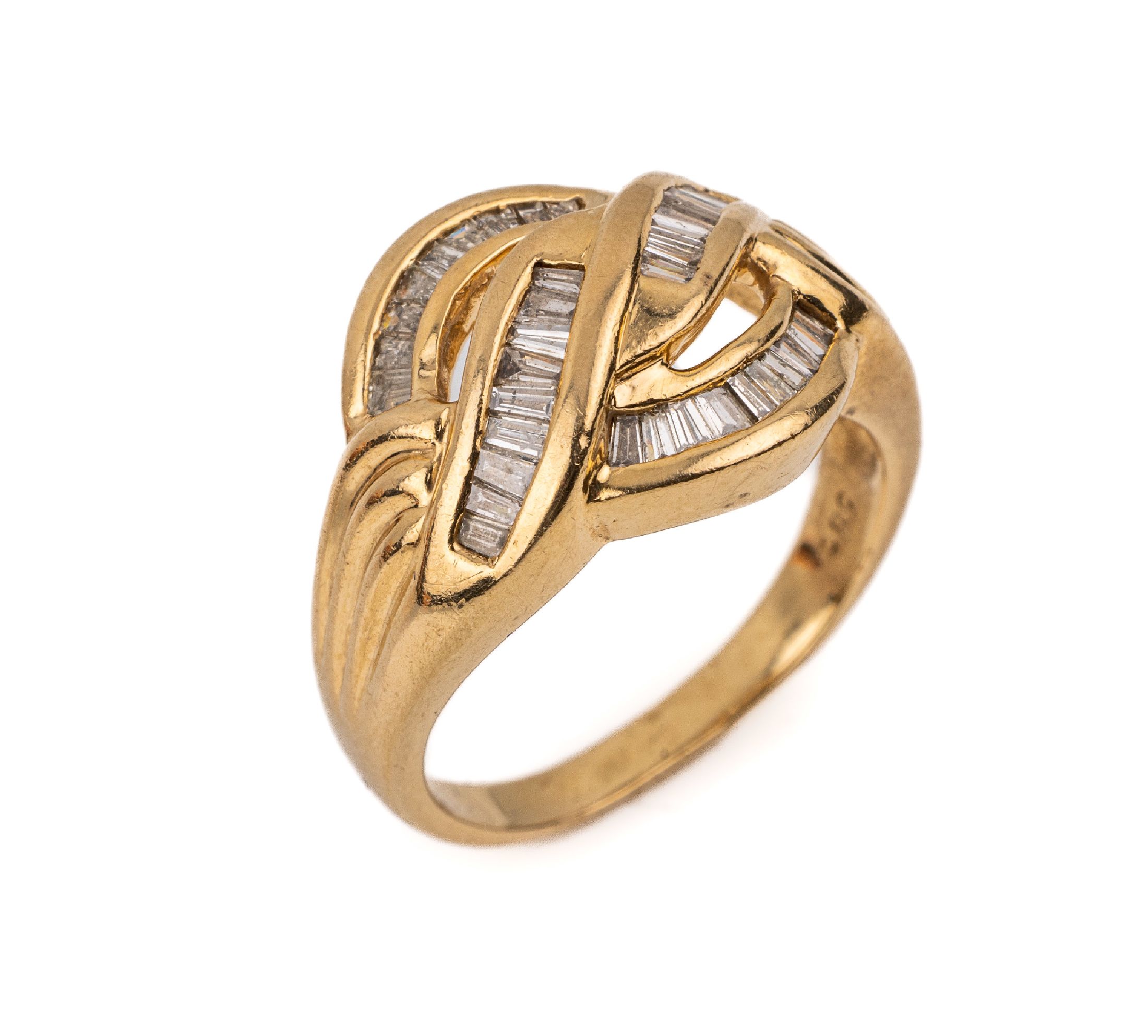 14 kt Gold Diamant-Ring, GG 585/000, Diamant-Baguettes zus. ca. 1.0 ct Weiß/si-p 1,RW 55, ca. 6.7 g