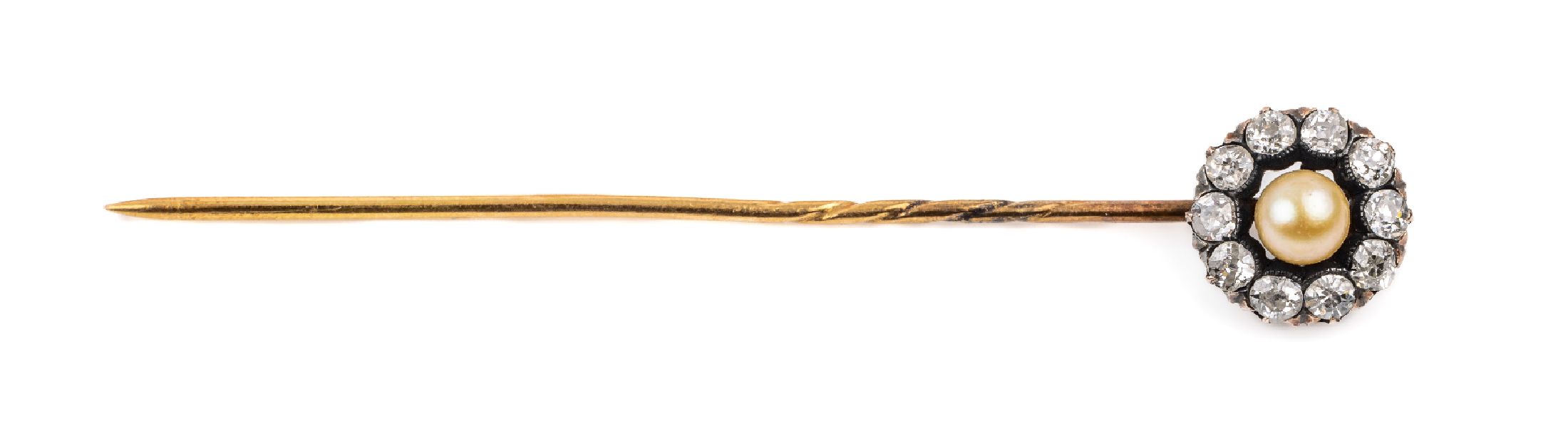 Detail a: 14 kt Gold Diamant-Krawattennadel, RG 585/000, um 1880, mittig Orientperle, umgeben von 10 Altschliff-Diamanten zus. ca. 1.0 ct Weiß/si