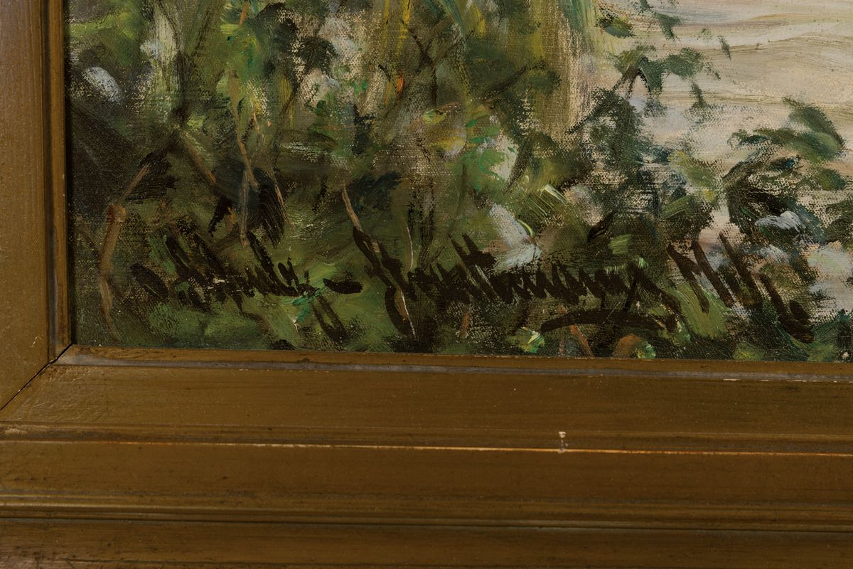 Detail a: Otto Schulz-Stradtmann, 1892-1960 Hamburg, Segelboote auf der Alster im Hintergrund die Silhouette Hamburgs, Öl/Lwd, links unten signiert, ca. ...