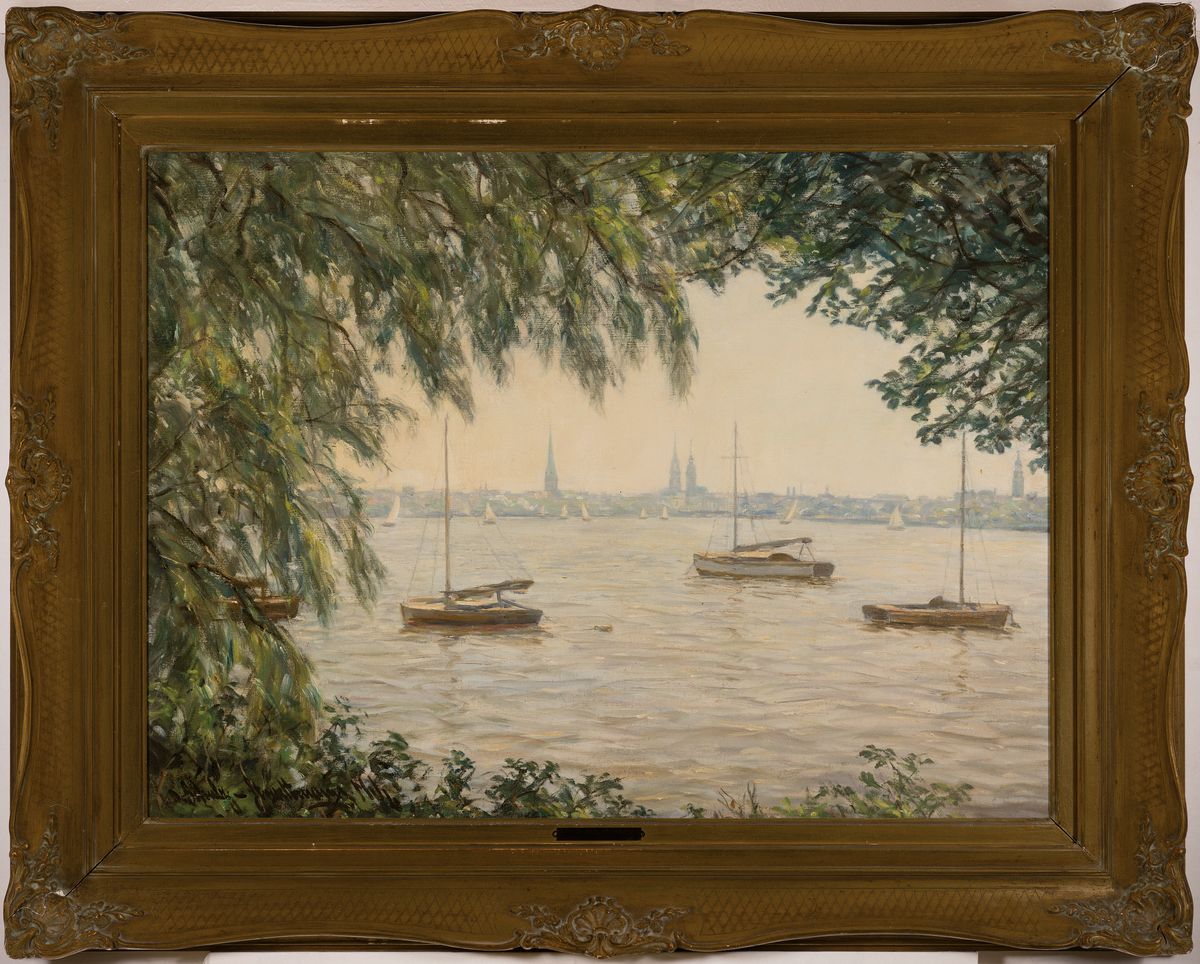 Detail k: Otto Schulz-Stradtmann, 1892-1960 Hamburg, Segelboote auf der Alster im Hintergrund die Silhouette Hamburgs, Öl/Lwd, links unten signiert, ca. ...