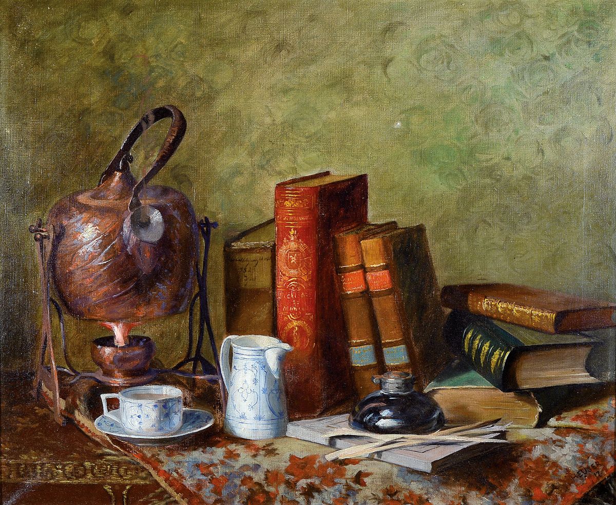 Heuser, datiert (19)17, Stillleben mit Büchern, Teekessel und Geschirr, Öl/Lwd, sign. und dat., ca. 63x73cm, R. ca. 83x93cm