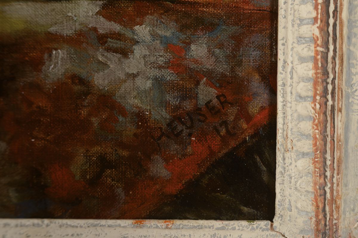 Detail a: Heuser, datiert (19)17, Stillleben mit Büchern, Teekessel und Geschirr, Öl/Lwd, sign. und dat., ca. 63x73cm, R. ca. 83x93cm