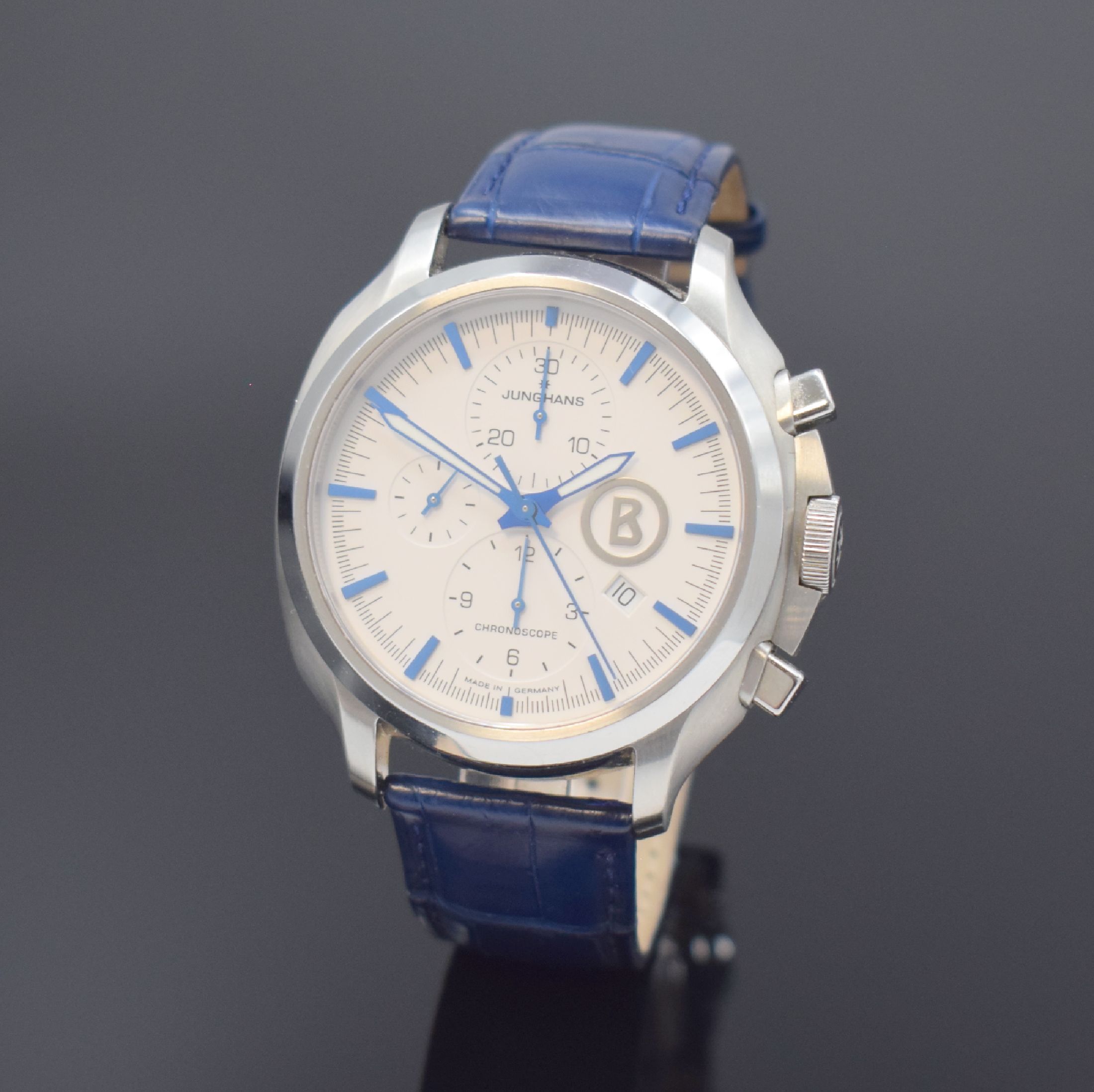 JUNGHANS / BOGNER BY JUNGHANS Herrenarmbanduhr Chronoscope Referenz 027/4260.00, Automatik, Deutschland um 2012, Edelstahlgeh. inkl. orig. Lederband ...