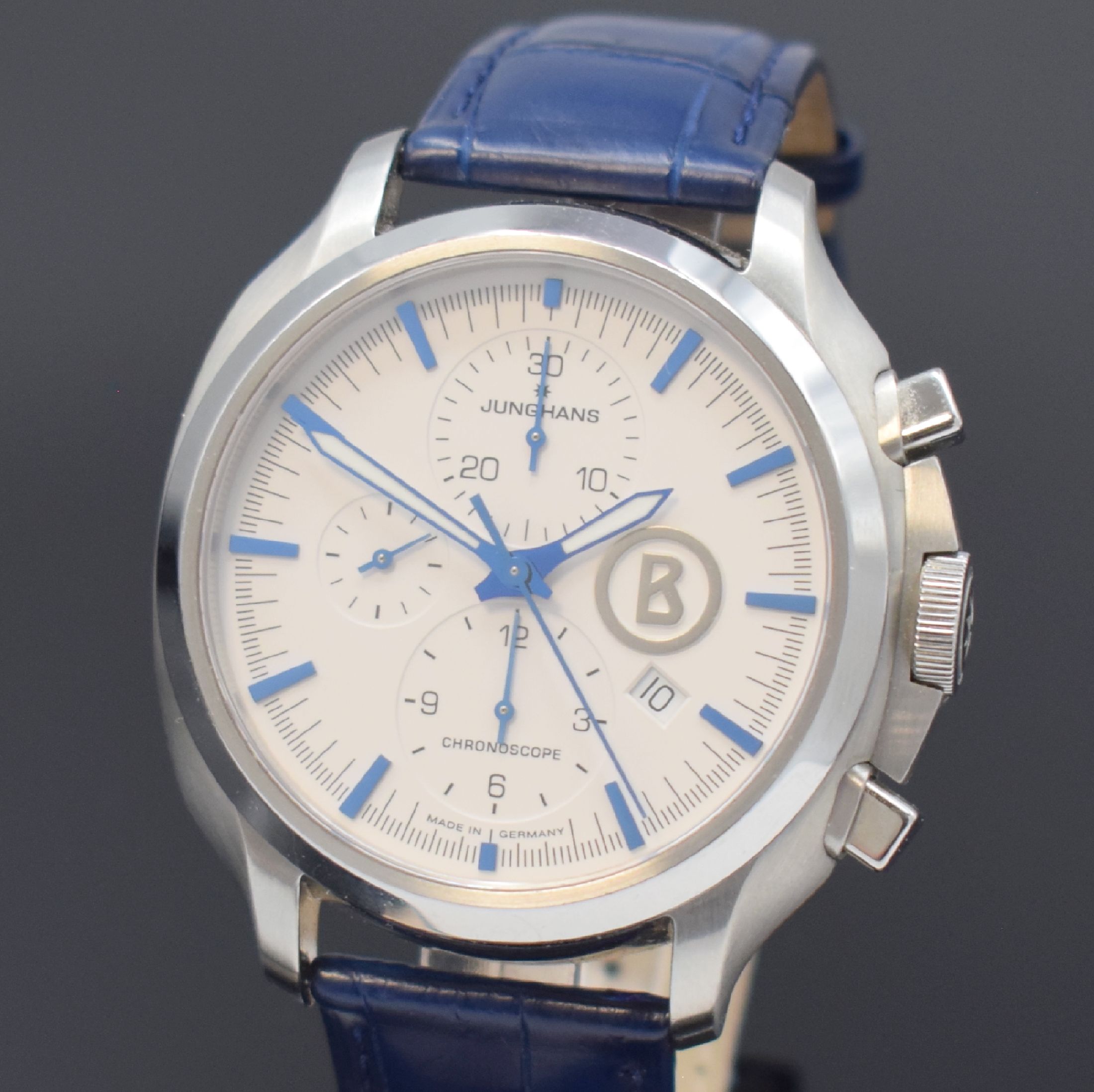 Detail a: JUNGHANS / BOGNER BY JUNGHANS Herrenarmbanduhr Chronoscope Referenz 027/4260.00, Automatik, Deutschland um 2012, Edelstahlgeh. inkl. orig. Lederband ...