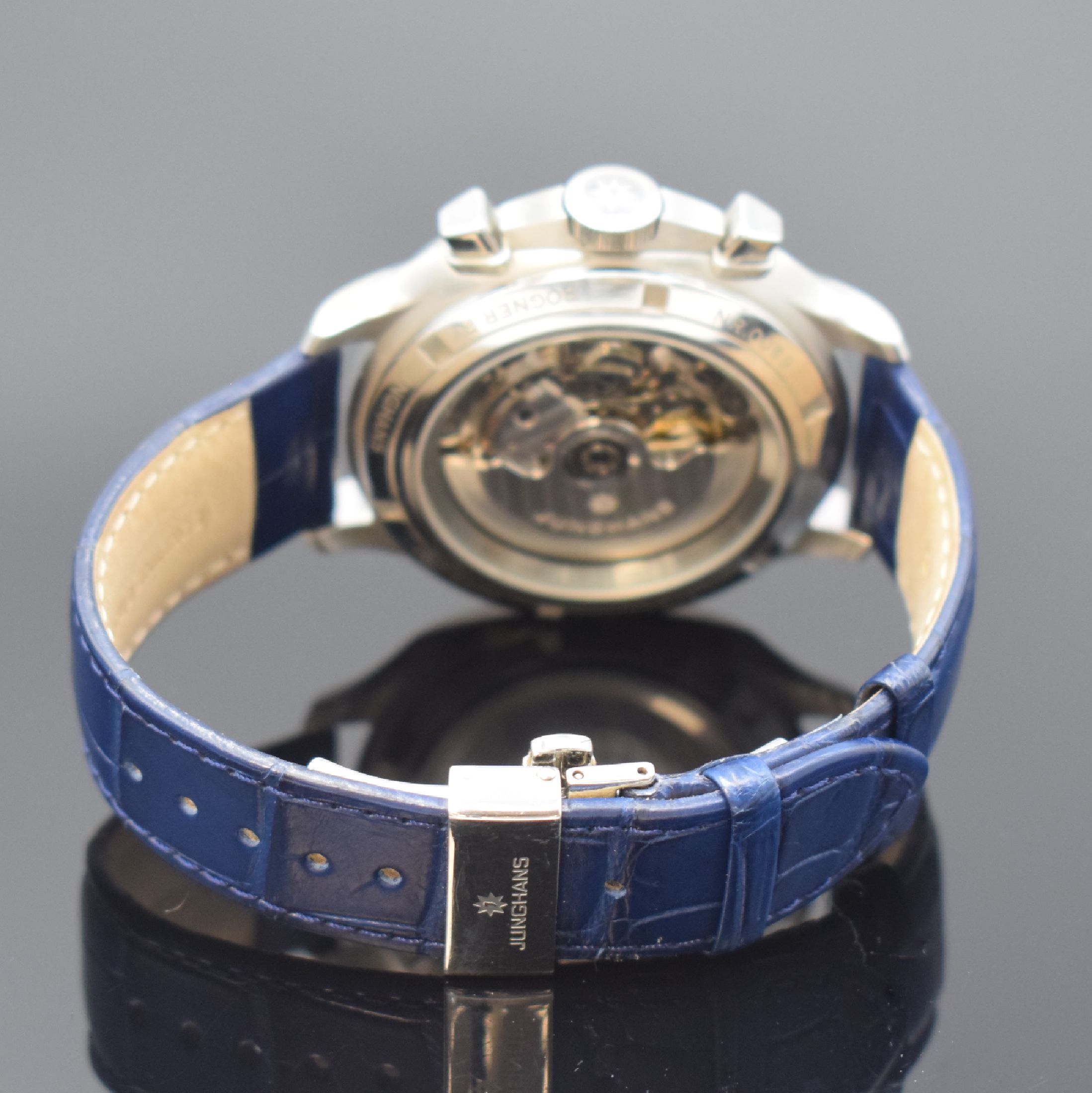 Detail b: JUNGHANS / BOGNER BY JUNGHANS Herrenarmbanduhr Chronoscope Referenz 027/4260.00, Automatik, Deutschland um 2012, Edelstahlgeh. inkl. orig. Lederband ...