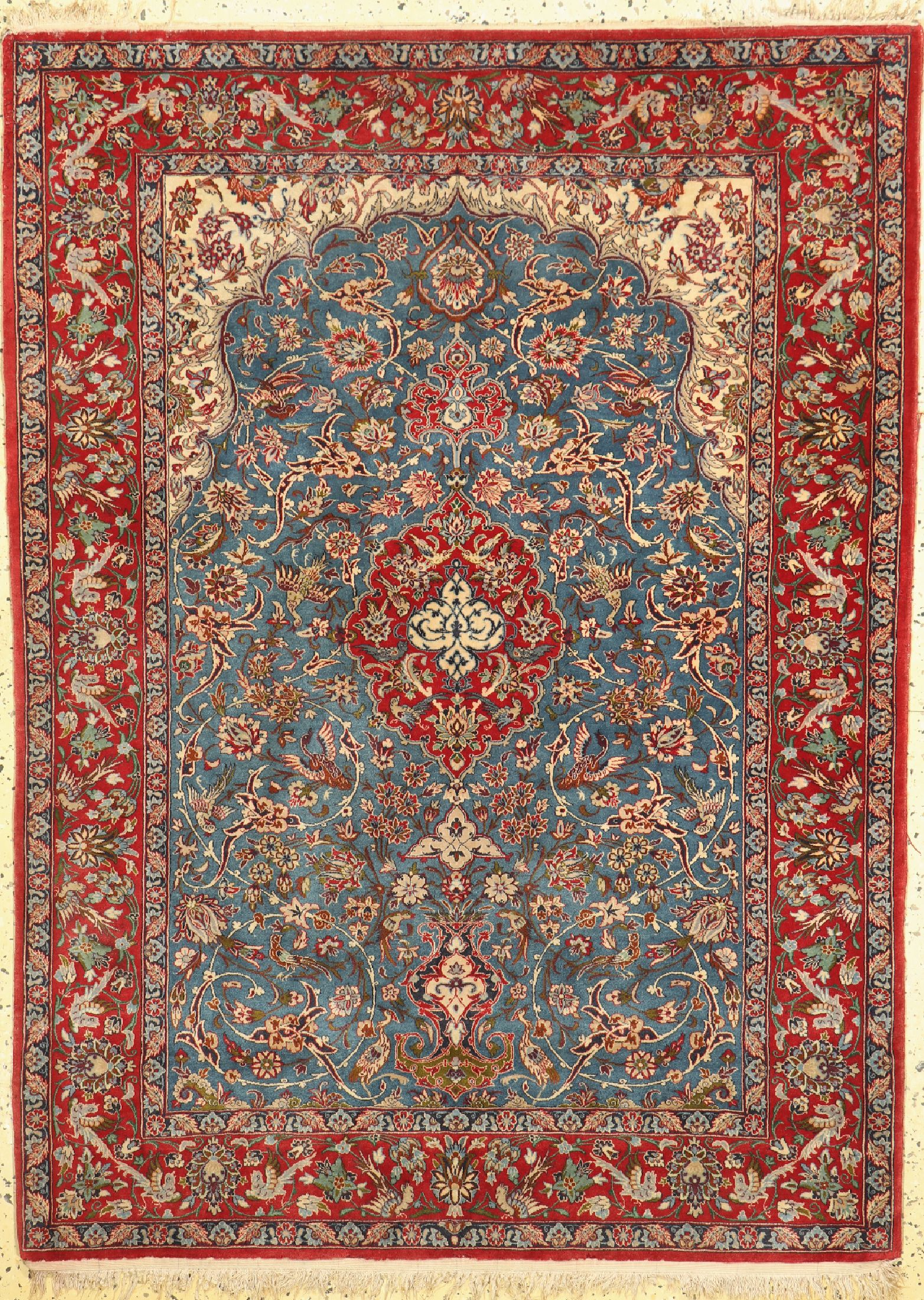 Esfahan fein, Persien, um 1960, Korkwolle auf Seide, ca. 160 x 116 cm, ca. 1,0 Mio. Kn/qm, Mottenfraß, EHZ: 2