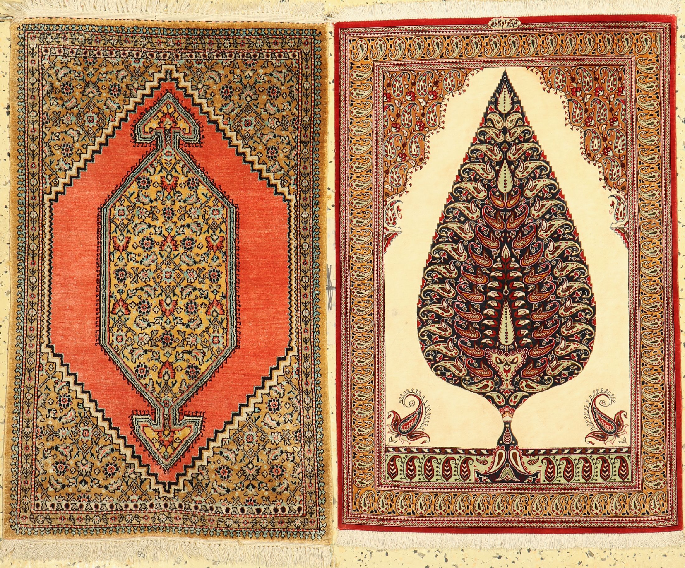 2 Ghom Seide, Persien, ca. 50 Jahre, reine Naturseide, ca. 90 x 59 cm, EHZ: 1-2