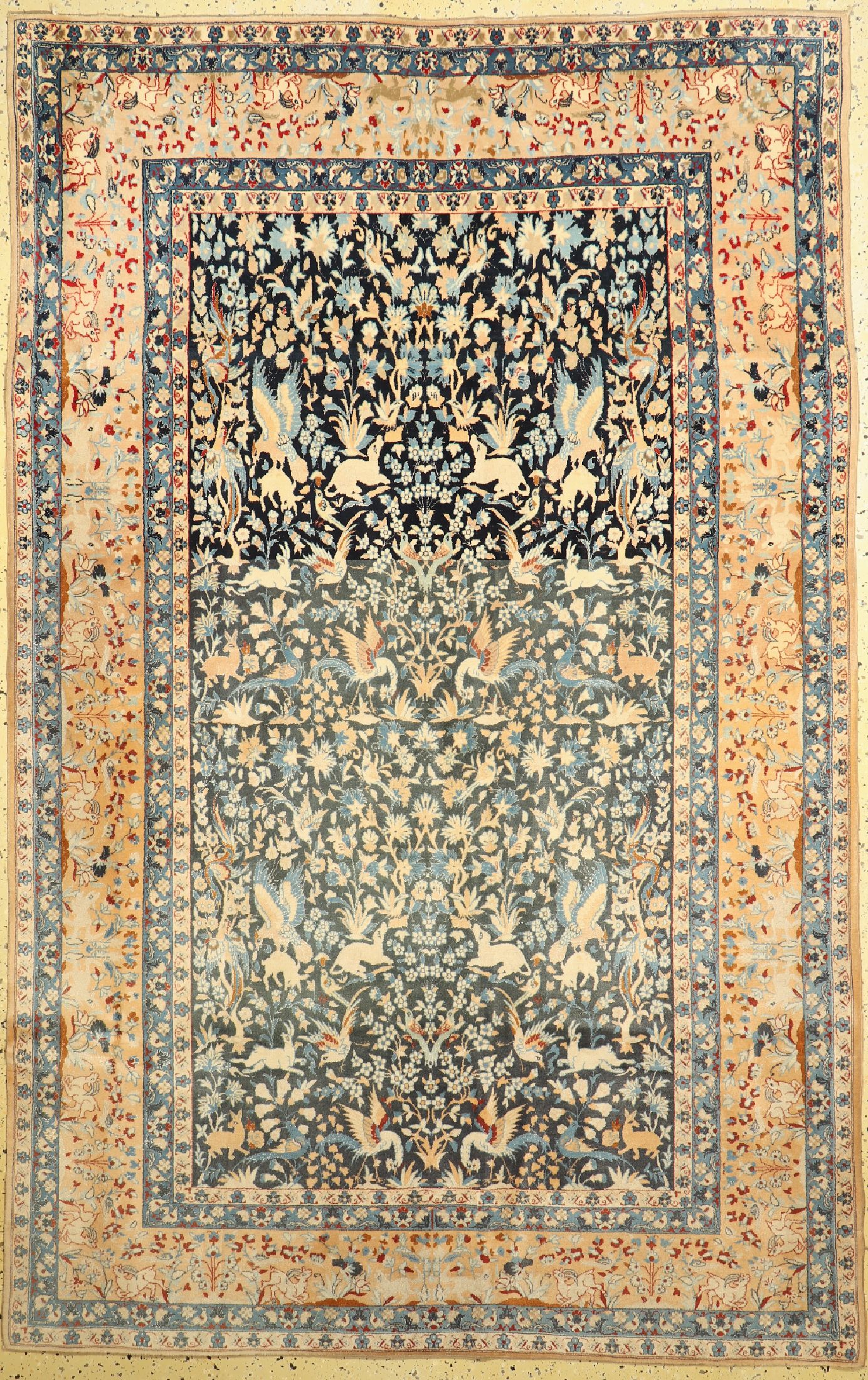 Nain fein(9 La), Persien, um 1960, Korkwolle mit Seide, ca. 260 x 166 cm, keine Fransen, stark abraschiert, EHZ: 2