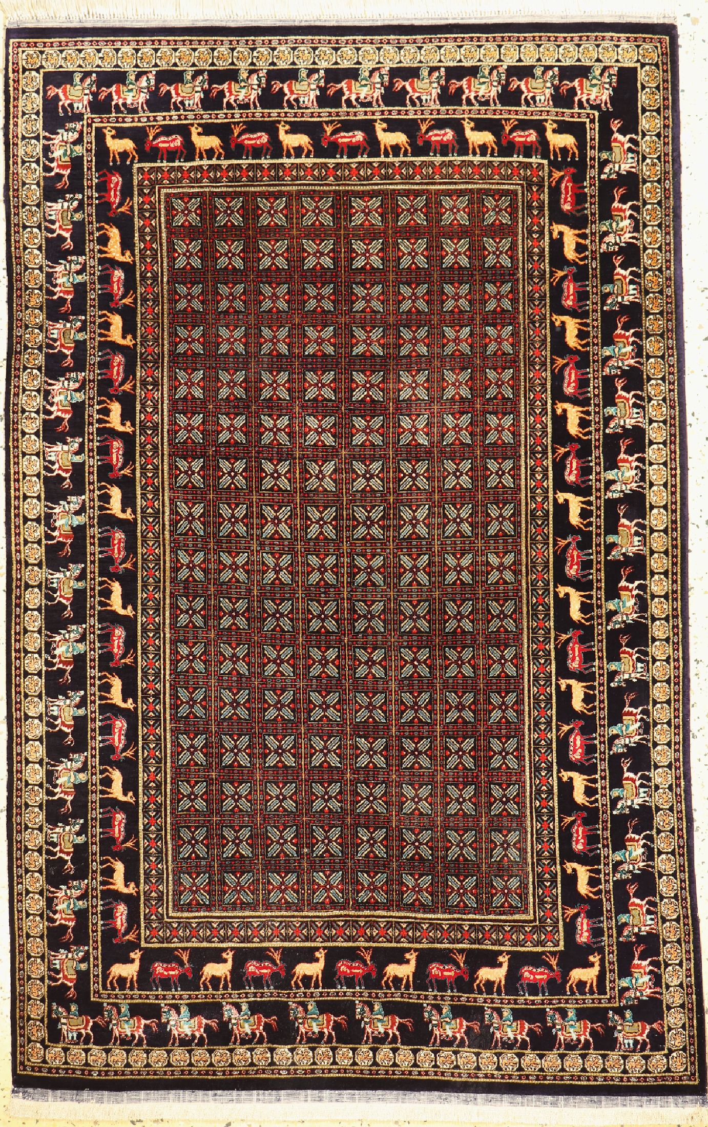 Ghom Seide fein Persien, Pazyryk Muster, ca. 50 Jahre, reine Naturseide, ca. 155 x 102 cm, ca. 1,0 Mio. Kn/qm, EHZ: 1-2