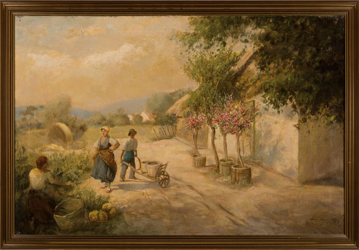 Detail k: Acs Agoston, 1889-1947 Budapest, Bauern im Garten vor dem Gehöft, Öl/Lwd, rechts unten signiert, ca. 63x95cm, R.