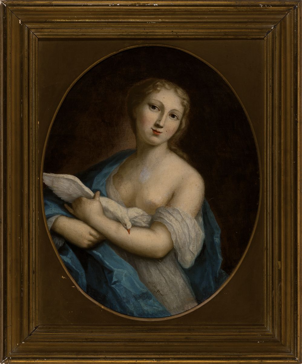 Detail k: Unbekannter Künstler, Frankreich, um 1780, Porträt einer Frau mit Taube auf dem Arm, Öl/Lwd/Holz, rest., ovaler Bildausschnitt ca. 49x40cm, R. ca. ...