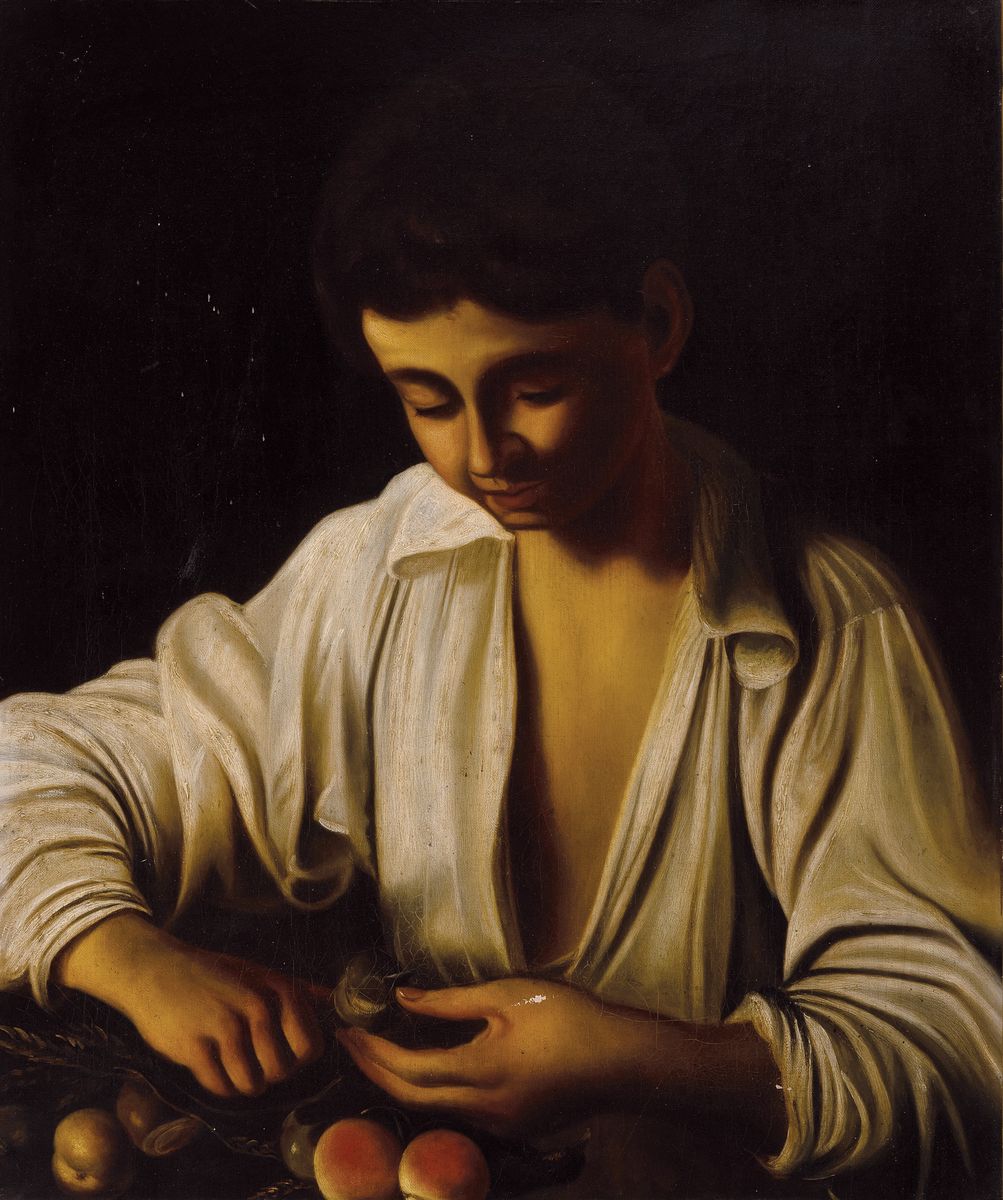 Unbekannter Maler des 19. Jh., nach dem Vorbild des Caravaggio, Öl/Lwd, ca. 60x50cm, Rahmen leicht besch.