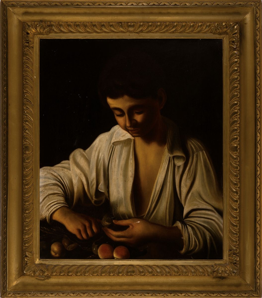 Detail k: Unbekannter Maler des 19. Jh., nach dem Vorbild des Caravaggio, Öl/Lwd, ca. 60x50cm, Rahmen leicht besch.