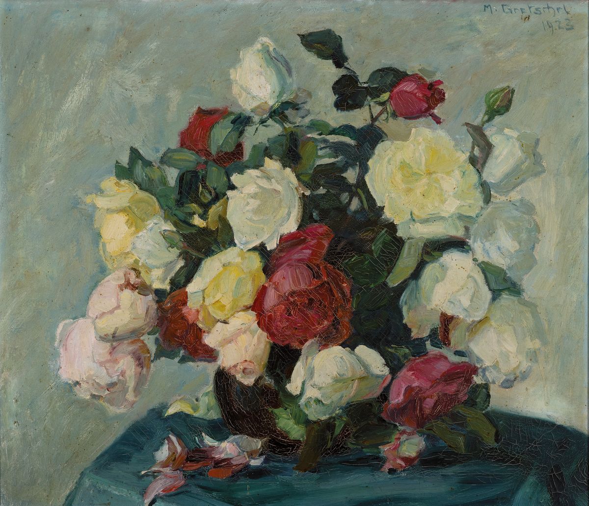 Max Gretschel, geb. 1883 Dresden, Stillleben mit weißen und roten Rosen, Öl/Lwd, rechts oben sign. und dat. 1923, ca. 47x55cm, Rahmen
