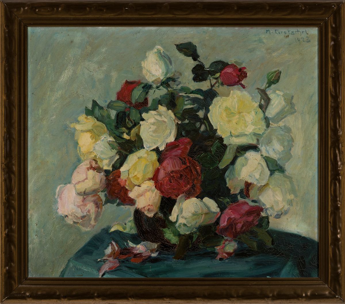 Detail k: Max Gretschel, geb. 1883 Dresden, Stillleben mit weißen und roten Rosen, Öl/Lwd, rechts oben sign. und dat. 1923, ca. 47x55cm, Rahmen
