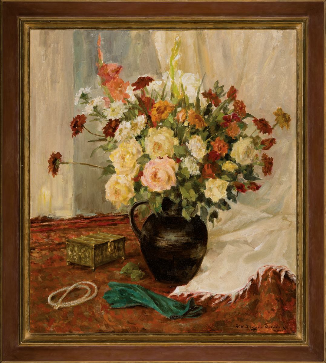 Detail k: Wilhelm Heinrich Burger-Willing, 1882 Kalk/Köln-1966 Untermaubach, Stillleben mit Blumen, Handschuhen, Perlenkette und Kästchen, Öl/Lwd, rechts ...