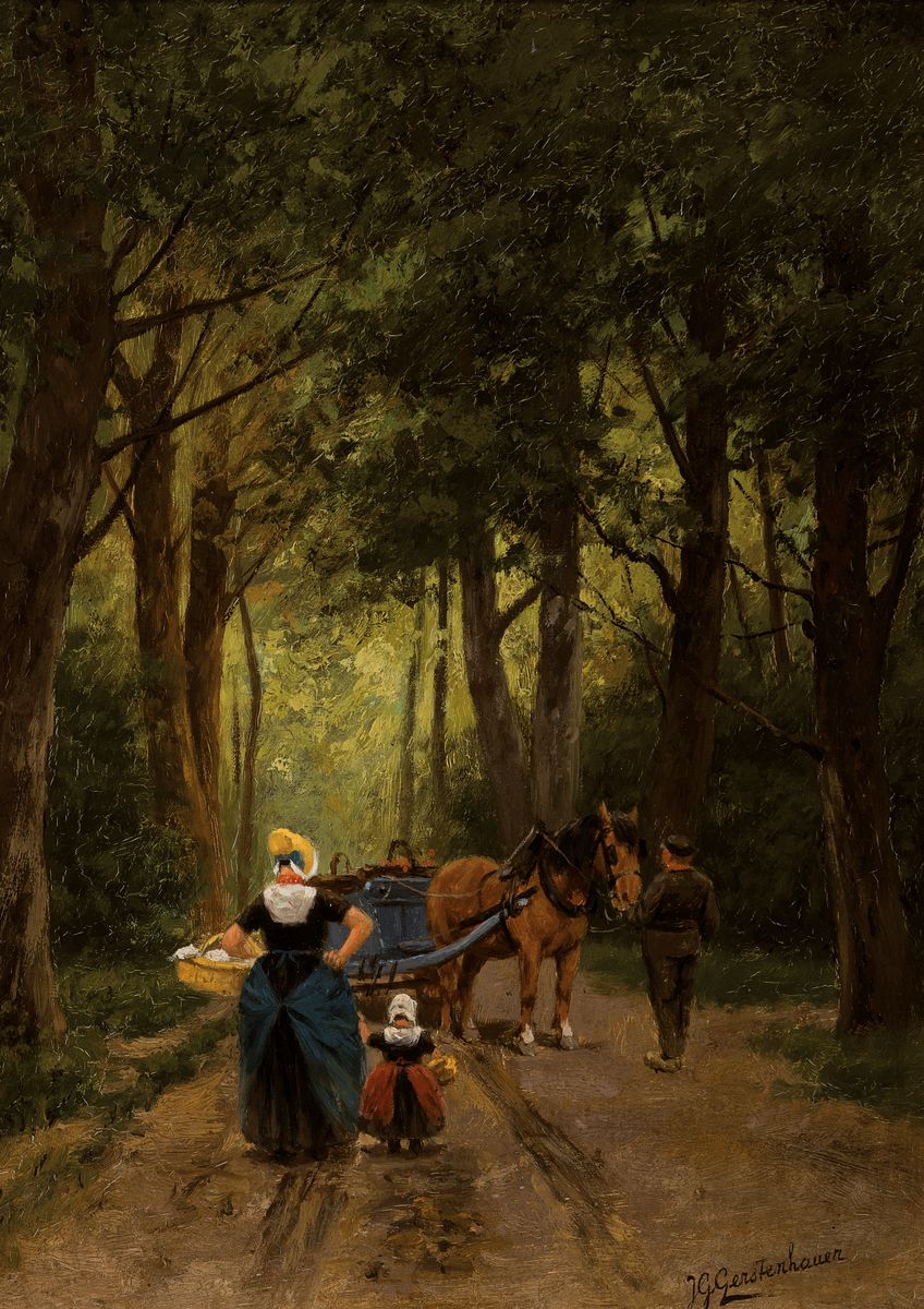Johann Anton Gerstenhauer, 1858-1931, Begegnung auf dem Waldweg, Öl/Holz, rechts unten signiert, ca. 32x22cm, Rahmen