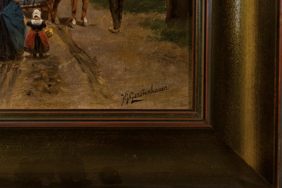 Detail a: Johann Anton Gerstenhauer, 1858-1931, Begegnung auf dem Waldweg, Öl/Holz, rechts unten signiert, ca. 32x22cm, Rahmen