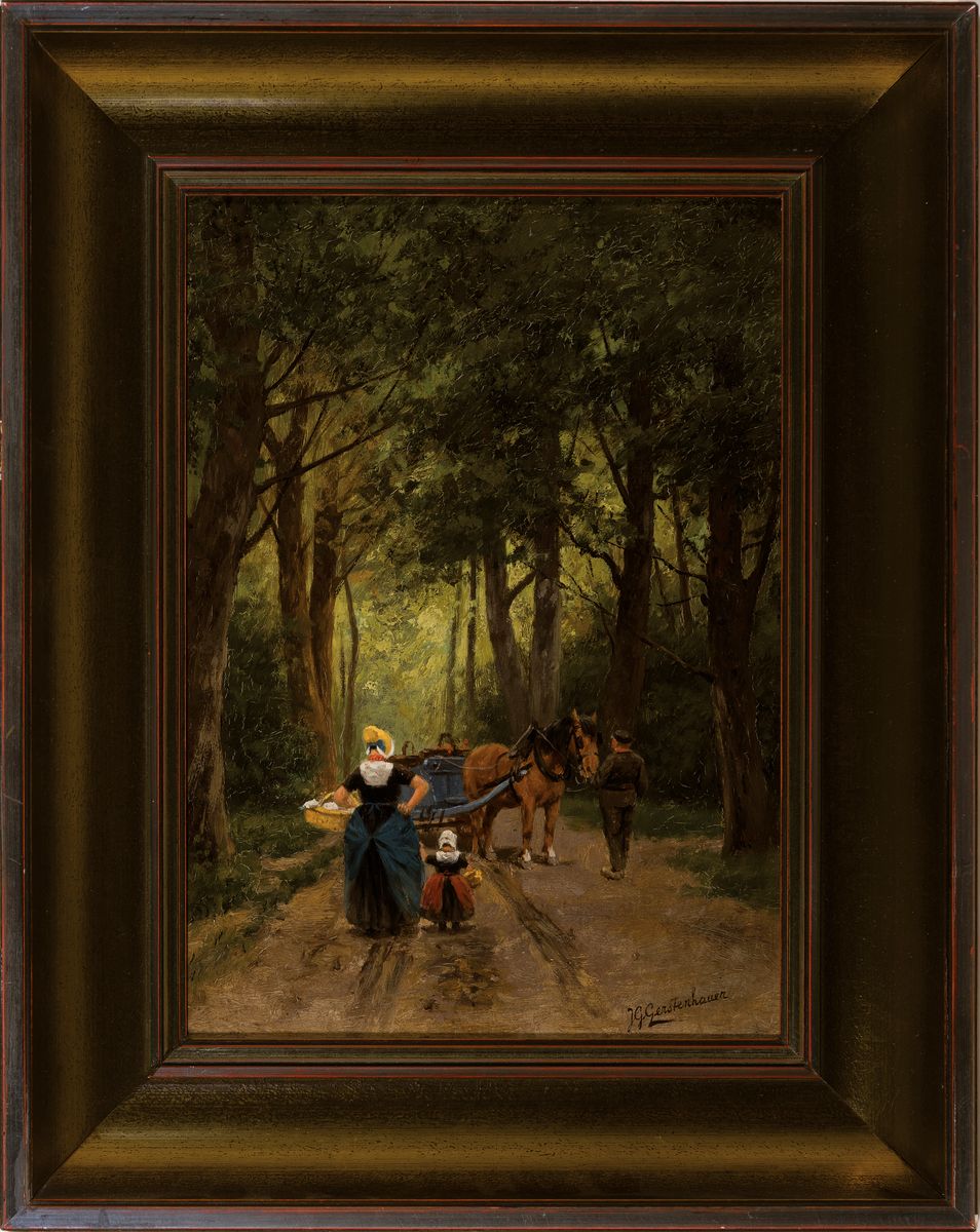 Detail k: Johann Anton Gerstenhauer, 1858-1931, Begegnung auf dem Waldweg, Öl/Holz, rechts unten signiert, ca. 32x22cm, Rahmen