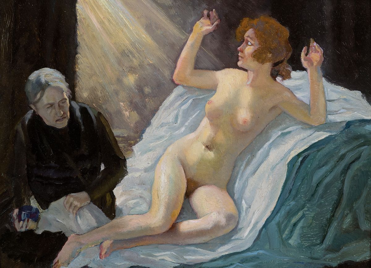 Zuschreibung: Anton Feistauer, 1887-1930, liegender Akt im einfallenden Licht, zu ihren Füßen eine alte Frau, Öl/Holz, unsigniert, rückseitig mit ...