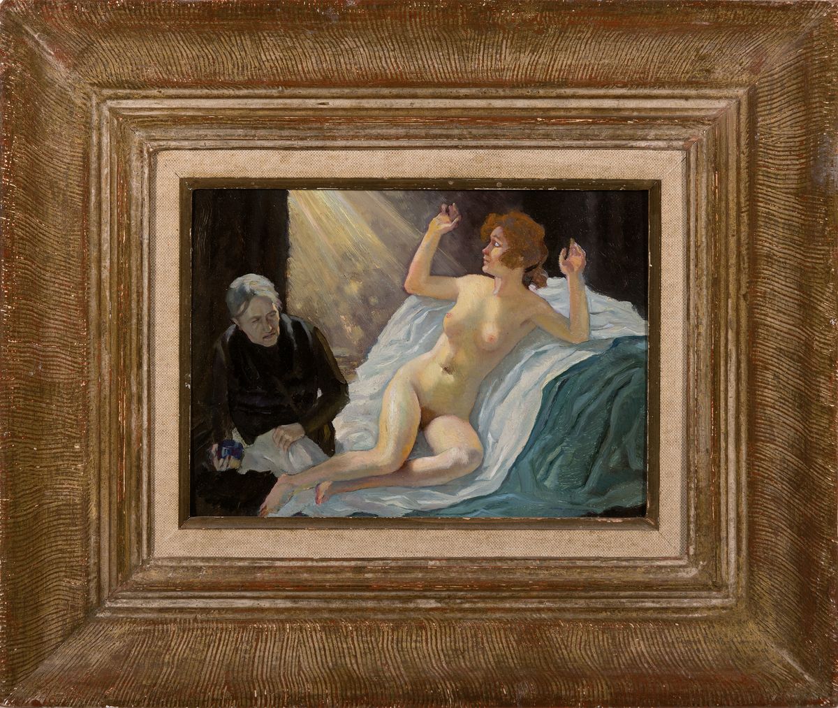 Detail k: Zuschreibung: Anton Feistauer, 1887-1930, liegender Akt im einfallenden Licht, zu ihren Füßen eine alte Frau, Öl/Holz, unsigniert, rückseitig mit ...