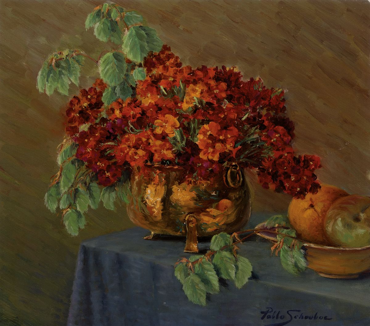Pablo Schouboe, 1874 Ringsted-1941 Kopenhagen, Stillleben mit Blumen und Früchten, Öl/Lwd/Holz, signiert, ca. 39x44cm, R.