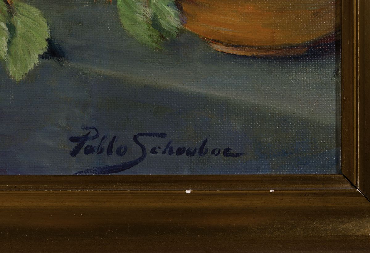 Detail a: Pablo Schouboe, 1874 Ringsted-1941 Kopenhagen, Stillleben mit Blumen und Früchten, Öl/Lwd/Holz, signiert, ca. 39x44cm, R.