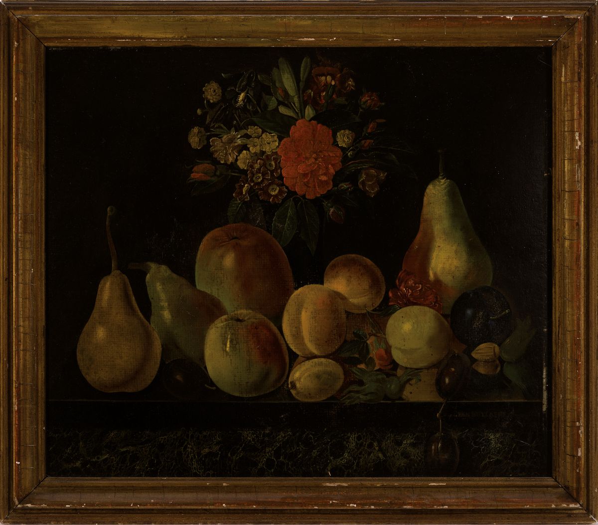 Detail k: van Buylaere, wohl flämischer Künstler, datiert 1913, Stillleben mit Blumen und Obst im Stil der alten Meister, Öl/Malkarton, ...