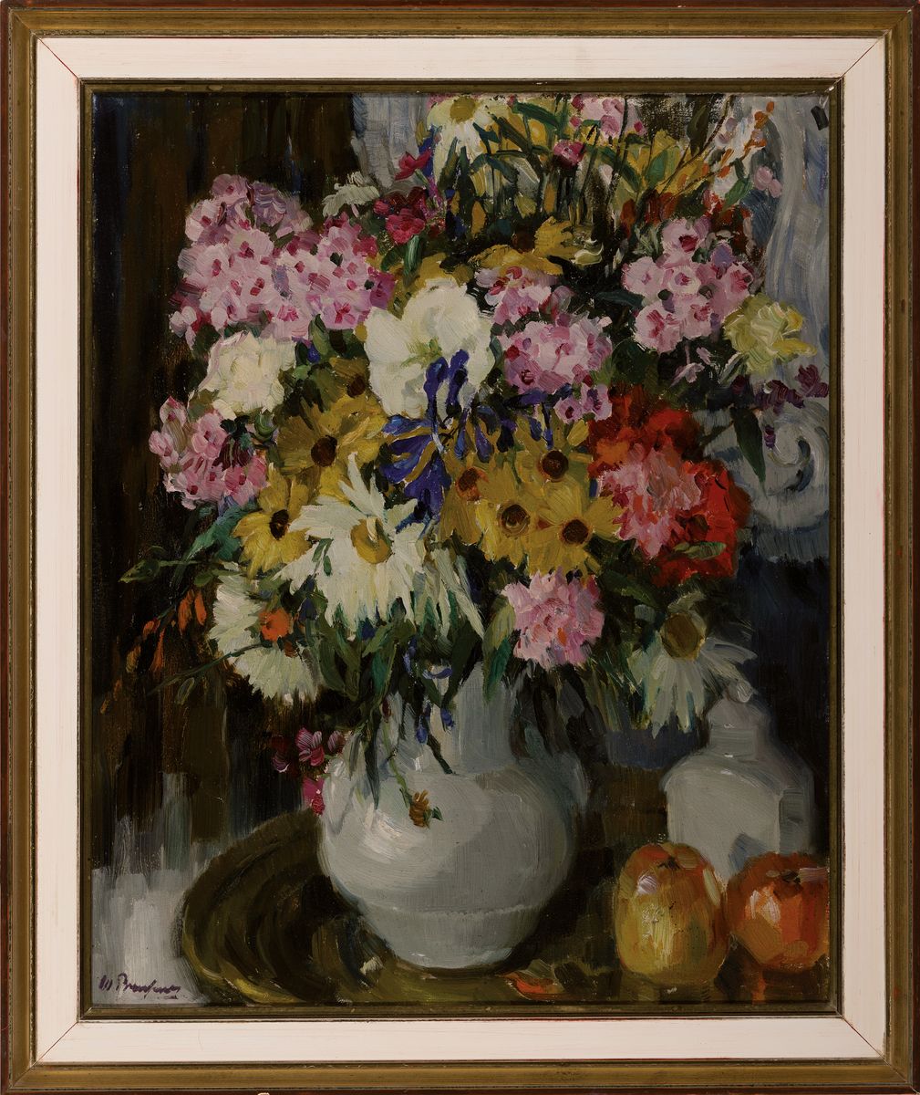 Detail k: Willy Brandes, 1876 Bornstädt bei Potsdam-1946 Wannsee, Stillleben mit Blumen, Äpfeln und Teedose, Öl/Lwd, links unten sign., ca. 54.5x44.5cm, ...