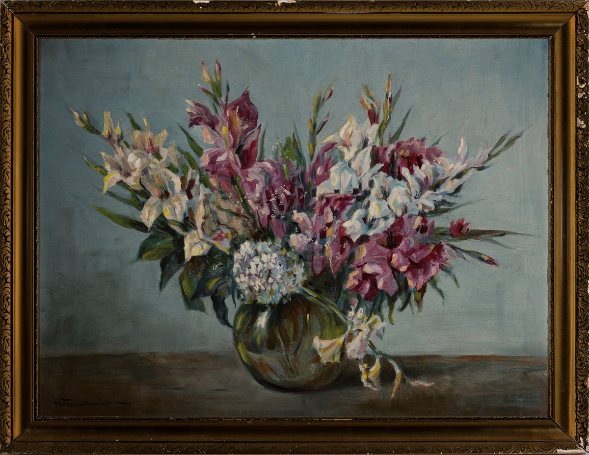Detail k: Hugo Freudenthal, 1. Hälfte 20. Jh., Stillleben mit Gladiolen, Öl/Hartfaser, links unten signiert, ca. 60x80cm, R. ca. 70x90cm