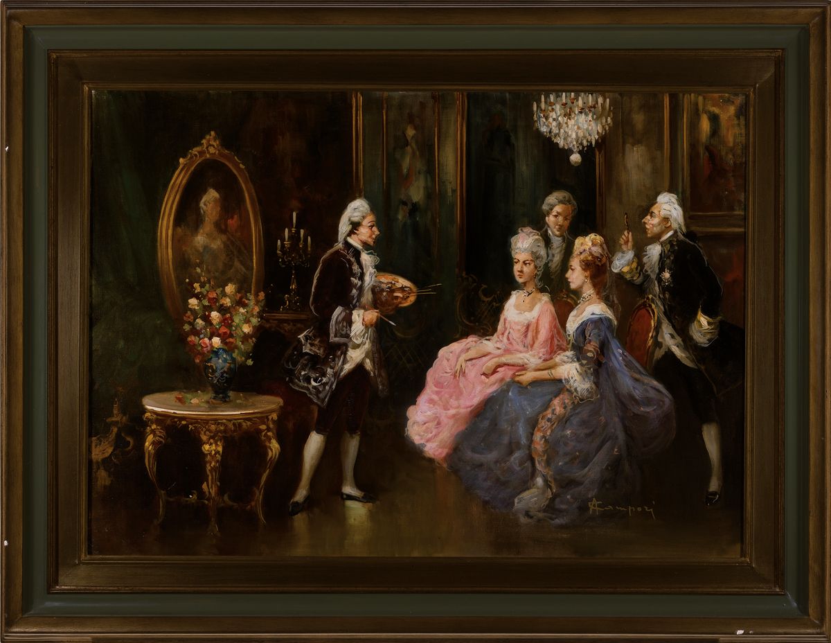Detail k: A. Campori, zeitgenössischer Traditionalist, Maler mit seinen Modellen im Salon, Rokokozeit, Öl/Lwd, rechts unten signiert, ca. 50x70cm, R. ca. ...